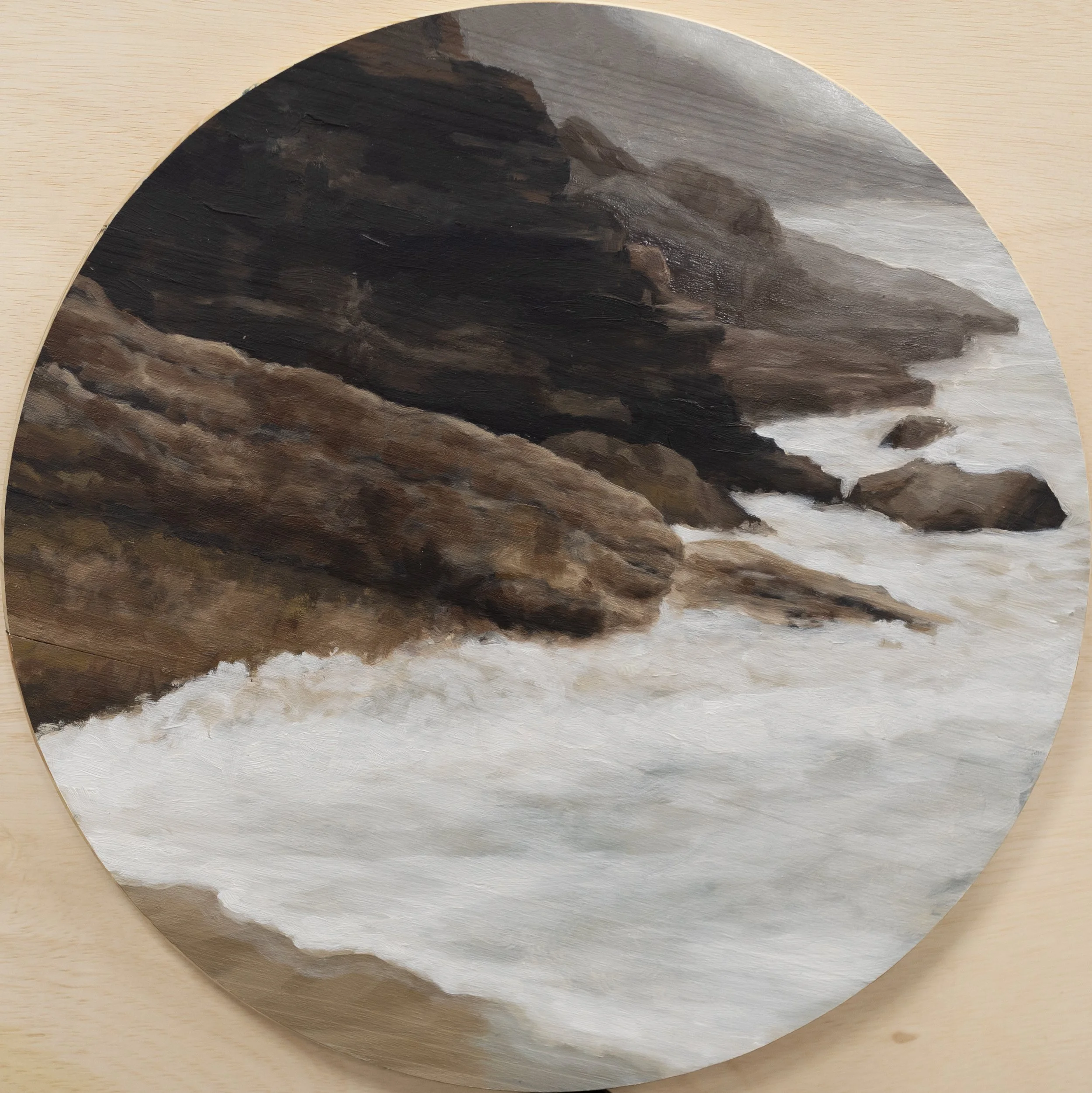 Rocky Waves, 15in x 15in, Oil on Panel Tondo