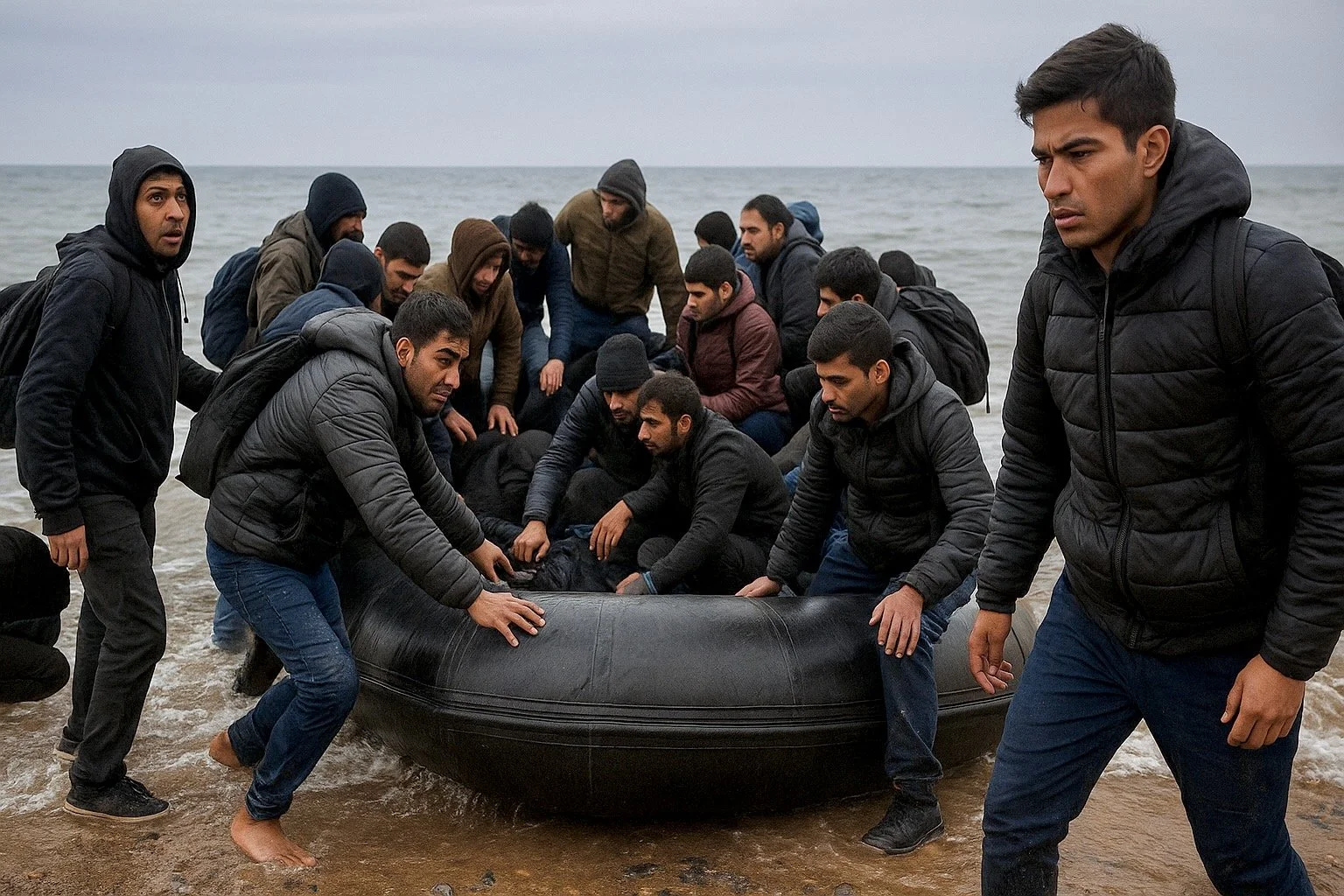 Migrants lift and steady an overloaded inflatable dinghy as it lands on a cold English beach, in a contemporary photojournalism style capturing vulnerability, urgency and the human reality of Channel crossings. Mothership Adrift circumnavigators