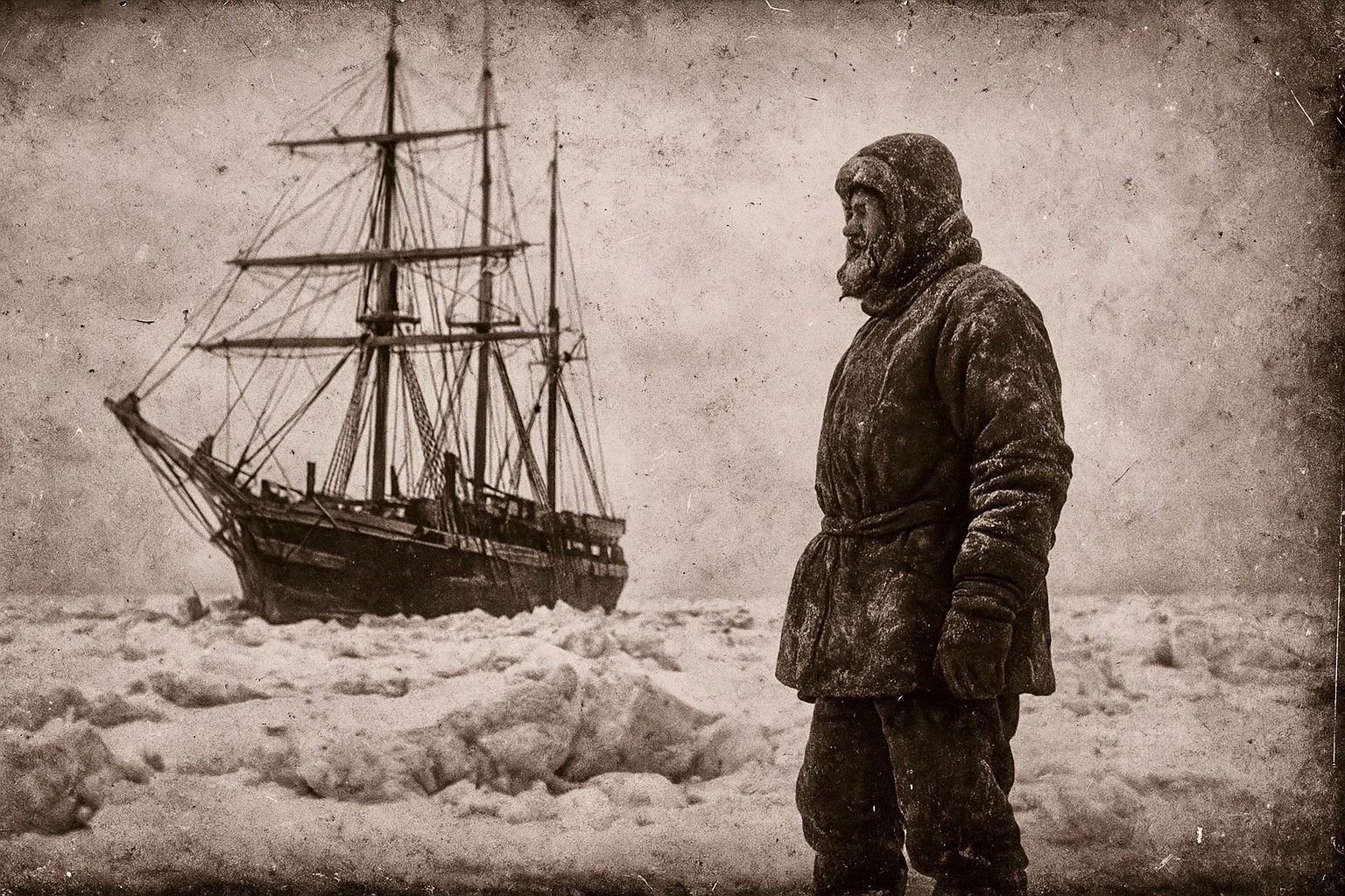 Sir Ernest Shackleton stands on Antarctic sea ice beside the trapped ship Endurance, in an early-20th-century expedition photography style inspired by Frank Hurley, evoking isolation and leadership. Mothership Adrift circumnavigators