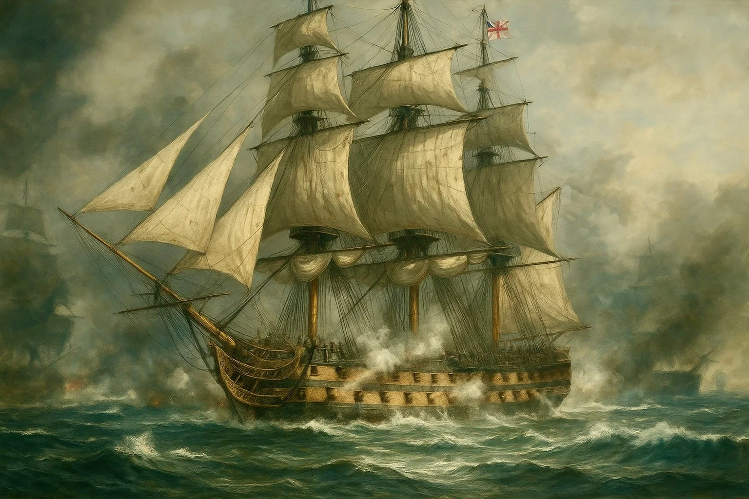 HMS Victory under full sail fires a broadside in battle, cannon smoke rolling across heavy seas, in a historic British naval battle style capturing the violence and discipline of Napoleonic warfare. Mothership Adrift circumnavigators