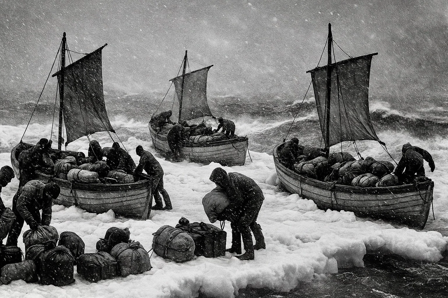 The expedition ship Endurance frozen solid in dense Antarctic pack ice, with crew camps and supplies spread across the floes, in an early-20th-century expedition photography style inspired by Frank Hurley. Mothership Adrift circumnavigators