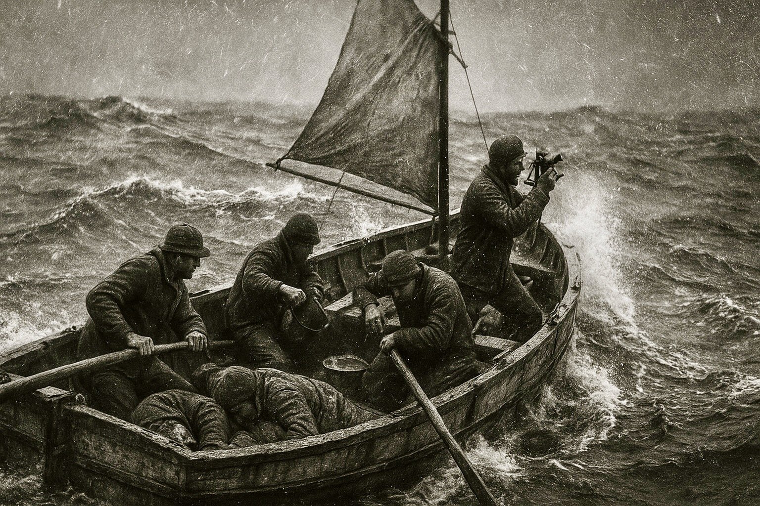 The James Caird battles towering Southern Ocean waves as Shackleton and his crew navigate violent storms toward South Georgia, in an early-20th-century expedition photography style inspired by Frank Hurley. Mothership Adrift circumnavigators