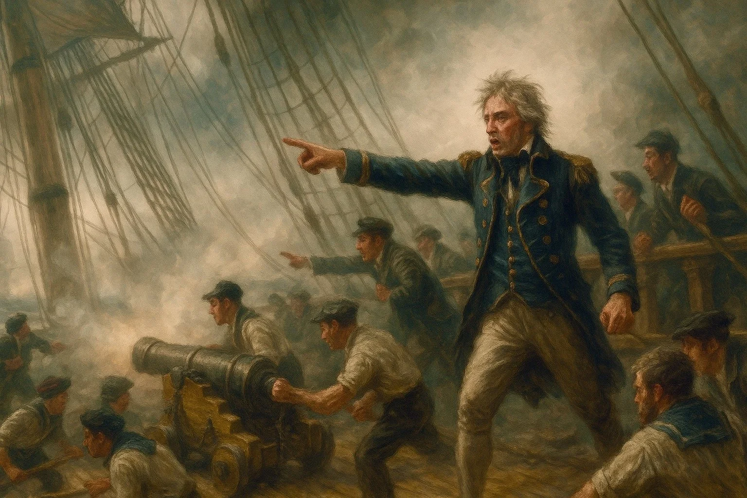Horatio Nelson directs his crew during close combat aboard a wooden warship, smoke and chaos filling the deck, in a historic British naval action style showing leadership under fire. Mothership Adrift circumnavigators