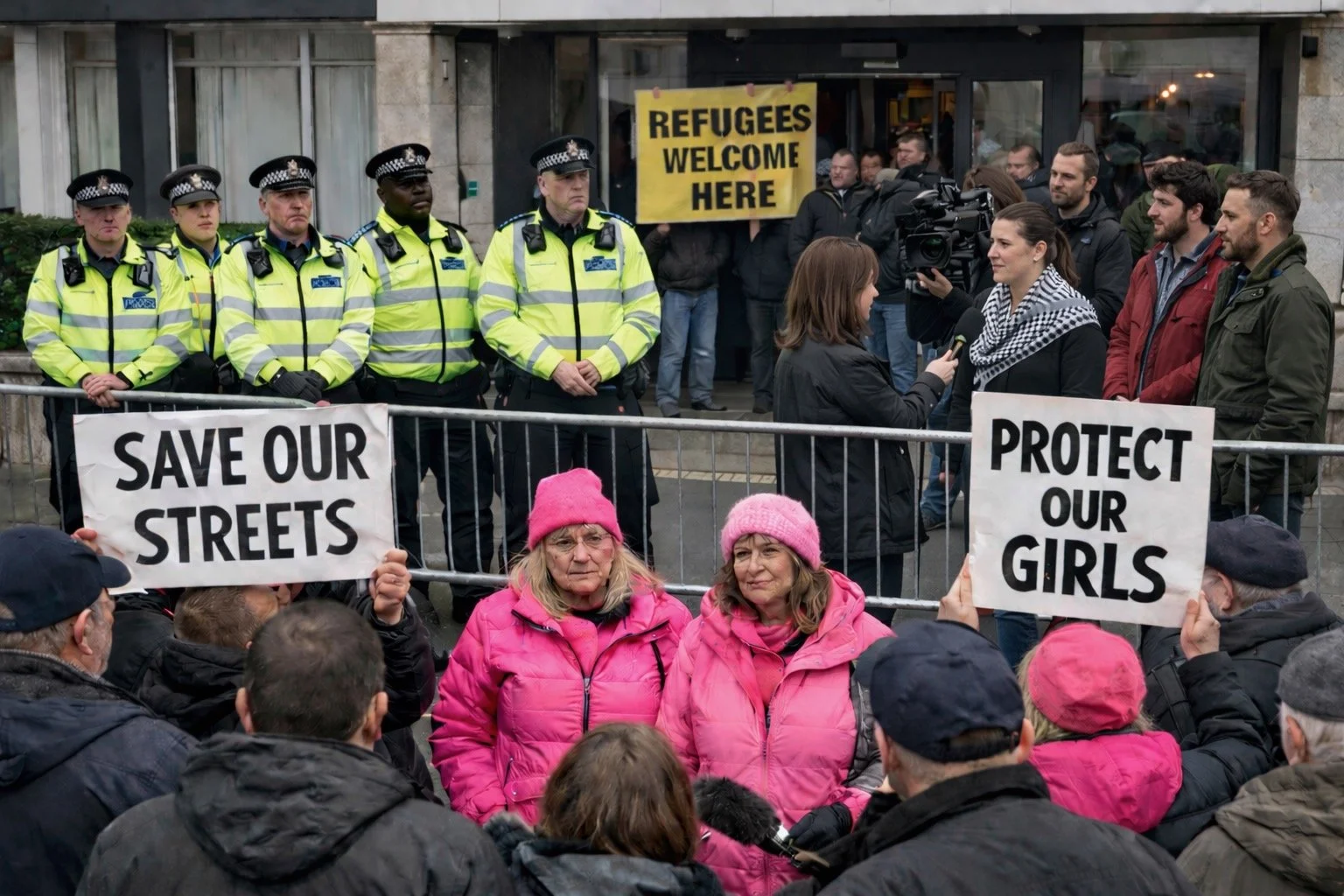 Two women in pink jackets hold protest signs reading Save Our Streets and Protect Our Girls behind a police barrier, in a contemporary UK news photography style showing protest and social tension around migration. Mothership Adrift circumnavigators