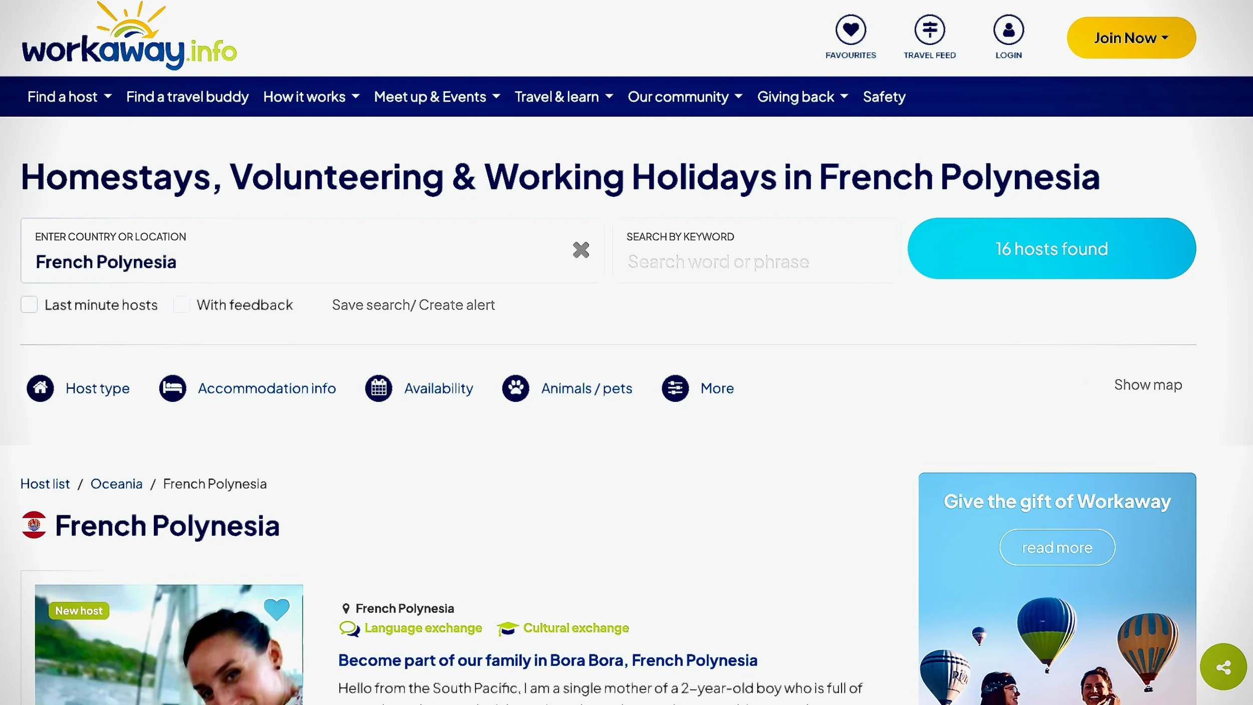 Screenshot of website - Workaway.info