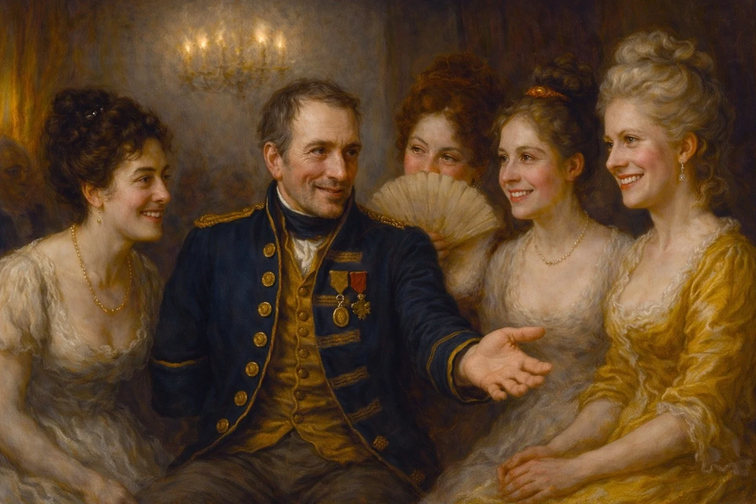 Horatio Nelson directs his crew during close combat aboard a wooden warship, smoke and chaos filling the deck, in a late-18th-century British naval action style showing leadership under fire. Mothership Adrift circumnavigators