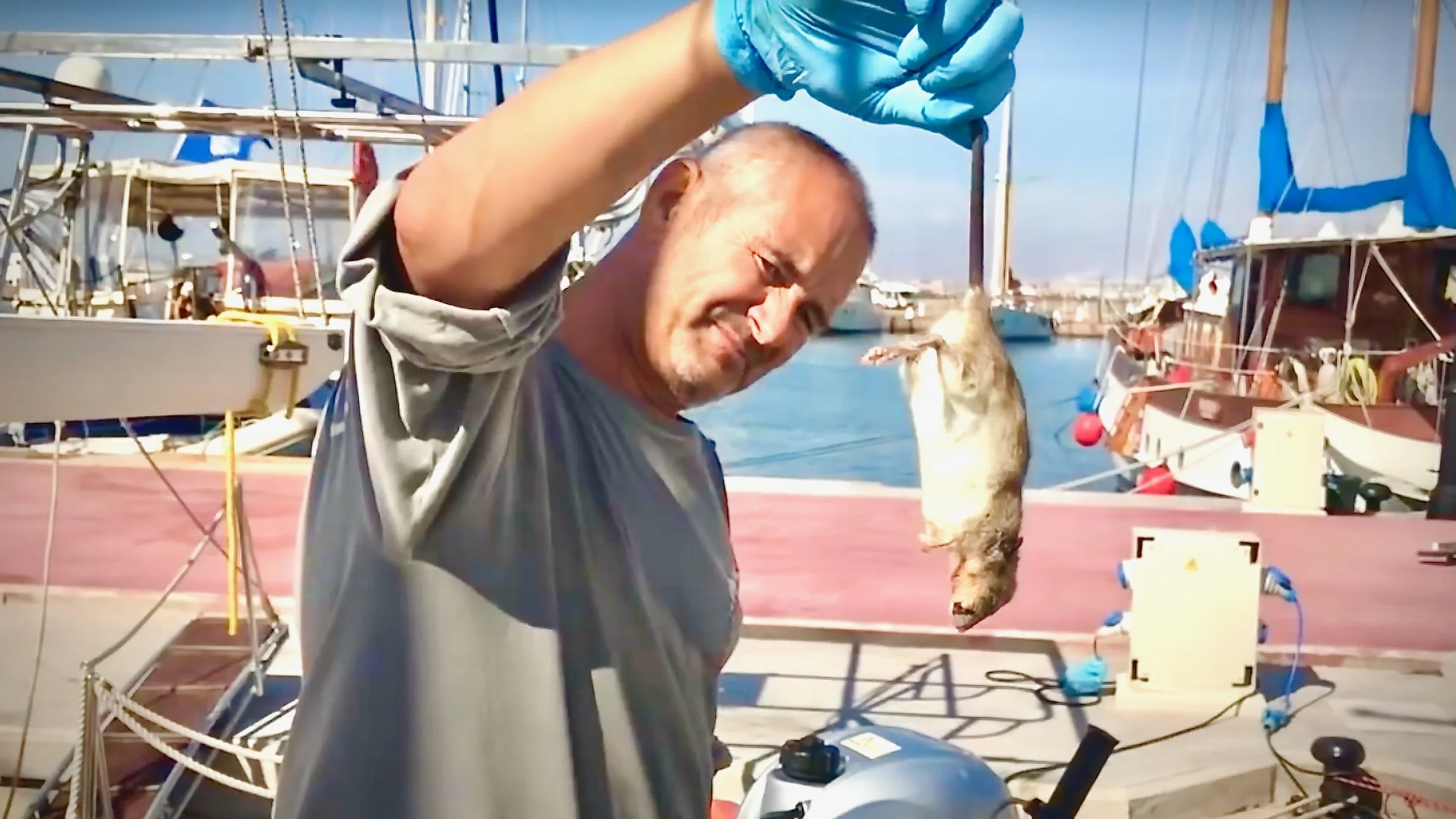 Woody holding up a dead rat on S/V Mothership
