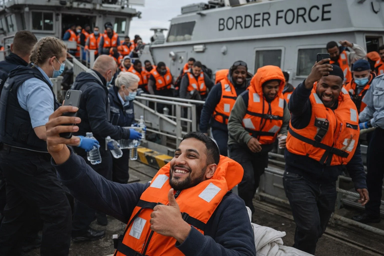 Migrants in orange lifejackets disembark from a Border Force vessel as officers and medics look on, a contemporary photojournalism image showing the operational reality of Channel crossings and state response. Mothership Adrift circumnavigators
