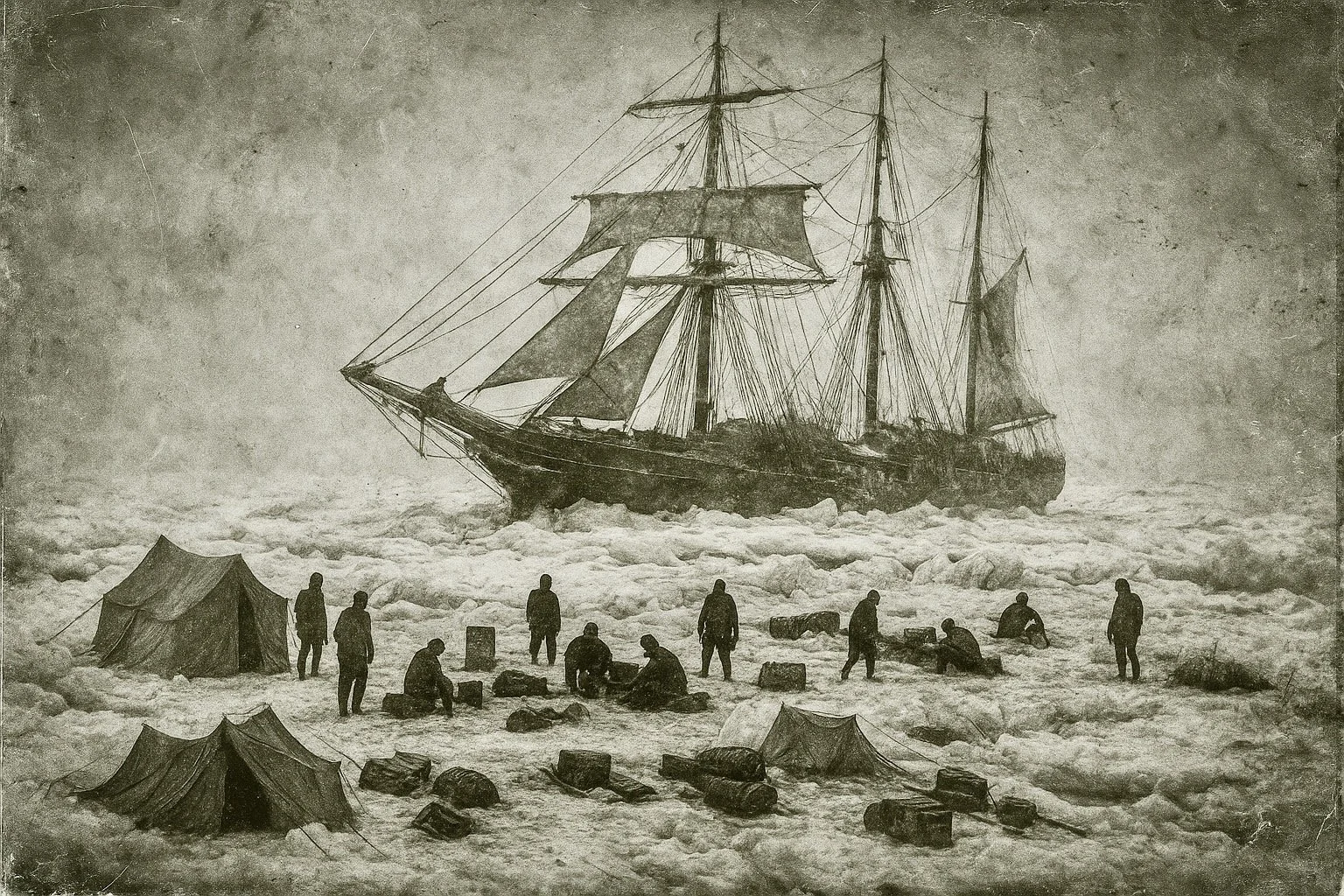 The expedition ship Endurance frozen solid in dense Antarctic pack ice with tents and supplies on the floes, in an early-20th-century expedition photography style inspired by Frank Hurley. Mothership Adrift circumnavigators