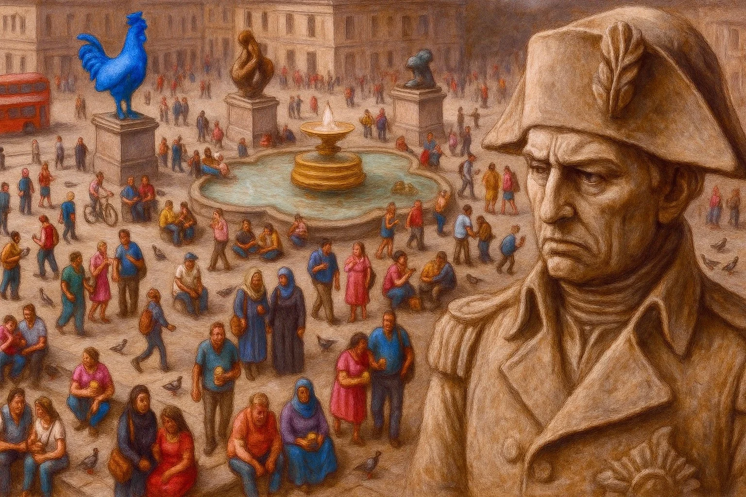 Nelson’s Column rises above a crowded Trafalgar Square, the stone figure of Horatio Nelson overlooking modern London life, in a satirical British illustration style exploring memory, monument and national identity. Mothership Adrift circumnavigators