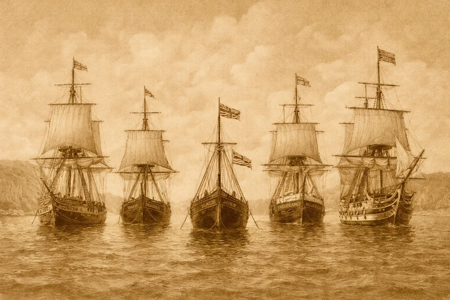 Lineup of five historic ships, Endeavour, Beagle, Black Joke, Endurance and Victory, facing forward on calm water, historic maritime illustration symbolising ambition, curiosity, conscience, resilience, confidence. Mothership Adrift circumnavigators
