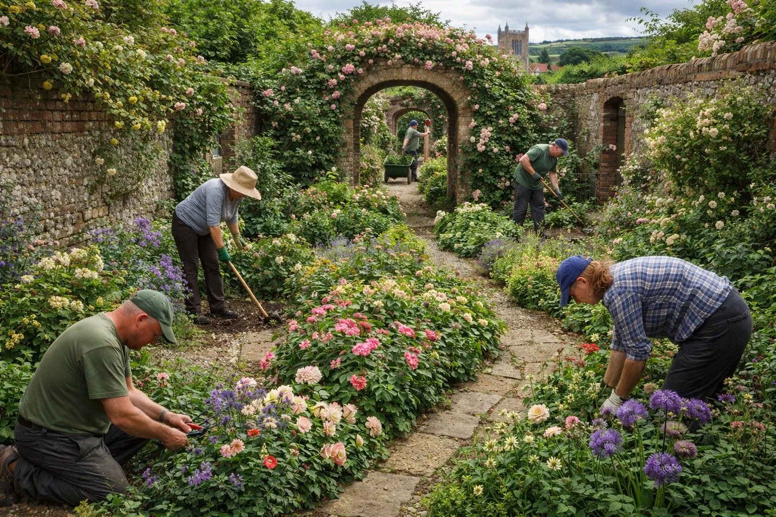 Volunteers tend flower beds and pathways in an English walled garden, a contemporary documentary image evoking Kipling’s The Glory of the Garden and the quiet, unglamorous work that sustains national life. Mothership Adrift circumnavigators