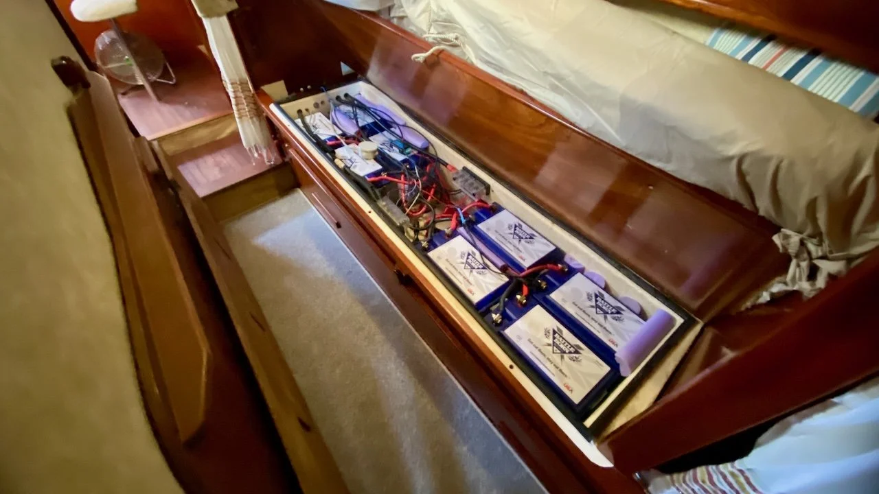 Battleborn batteries under a bunk on a sailboat - S/V Mothership