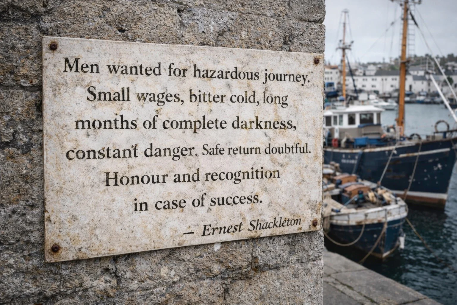 A weathered stone plaque bearing Ernest Shackleton’s ‘Men wanted for hazardous journey’ quotation near a harbour, a contemporary documentary image linking historic endurance with modern uncertainty. Mothership Adrift circumnavigators
