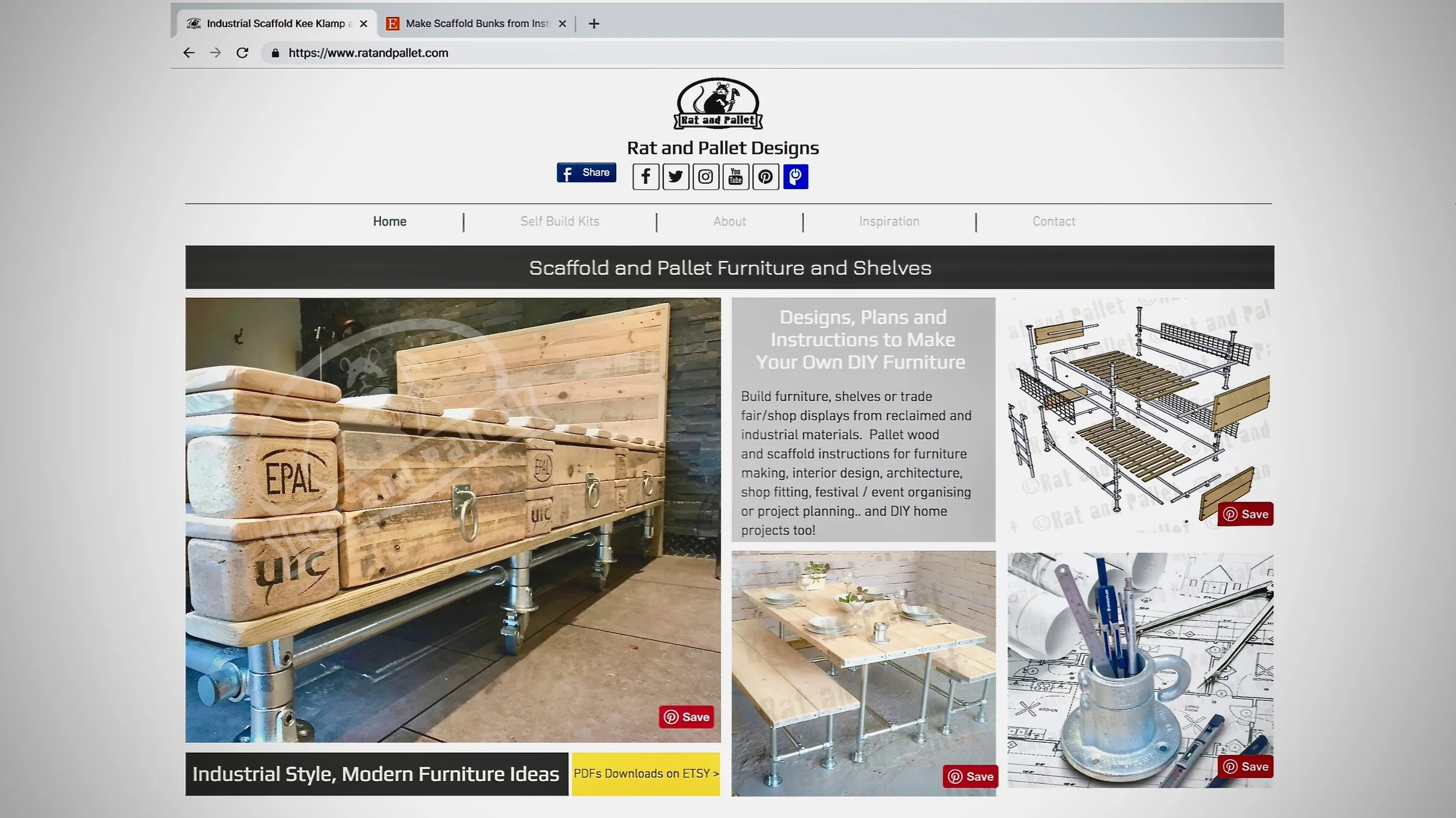 Screenshot of a website - RatandPallet.com - showing industrial style furniture