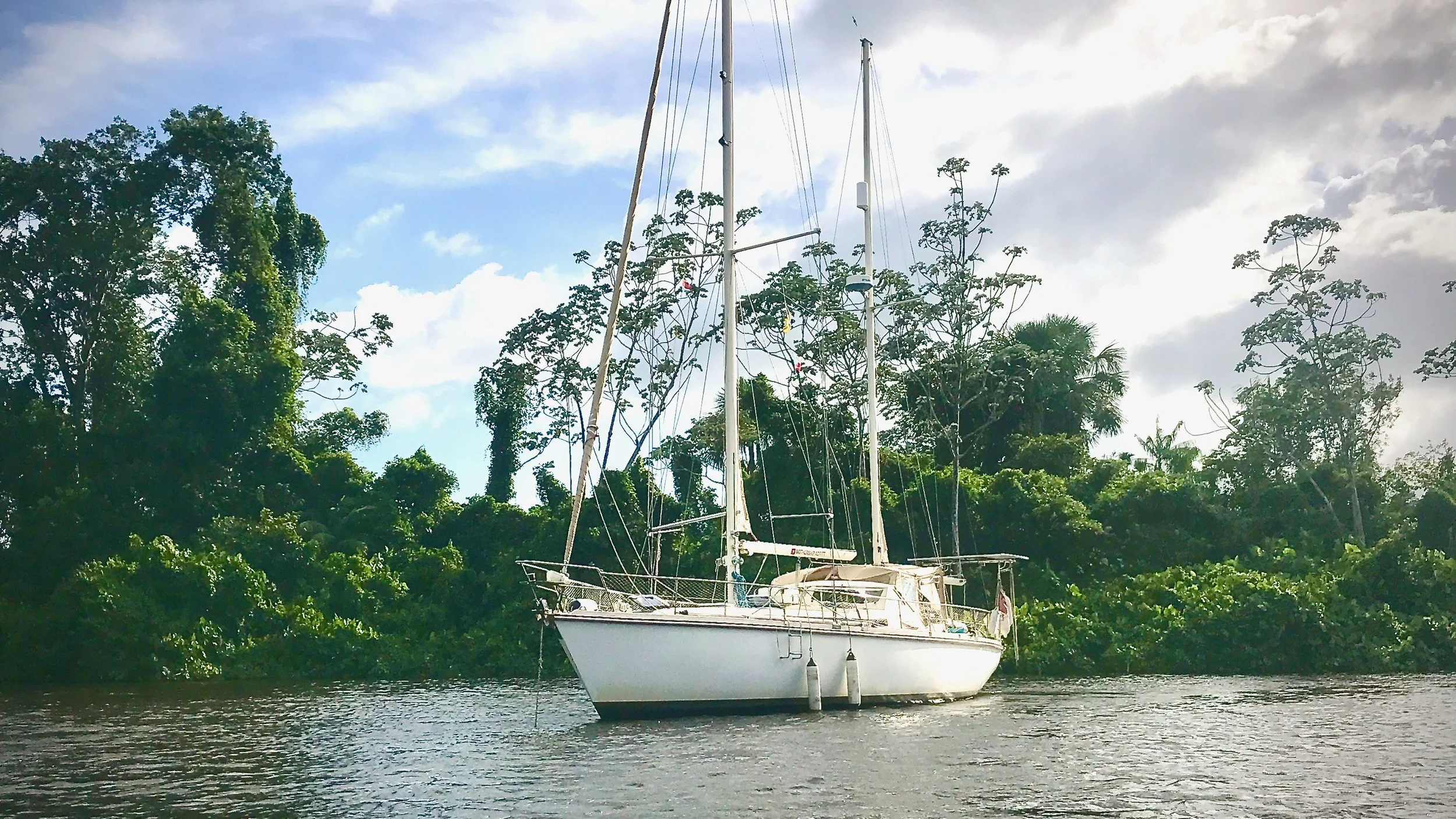 S/V Mothership at anchor in the Suriname River with jungle background