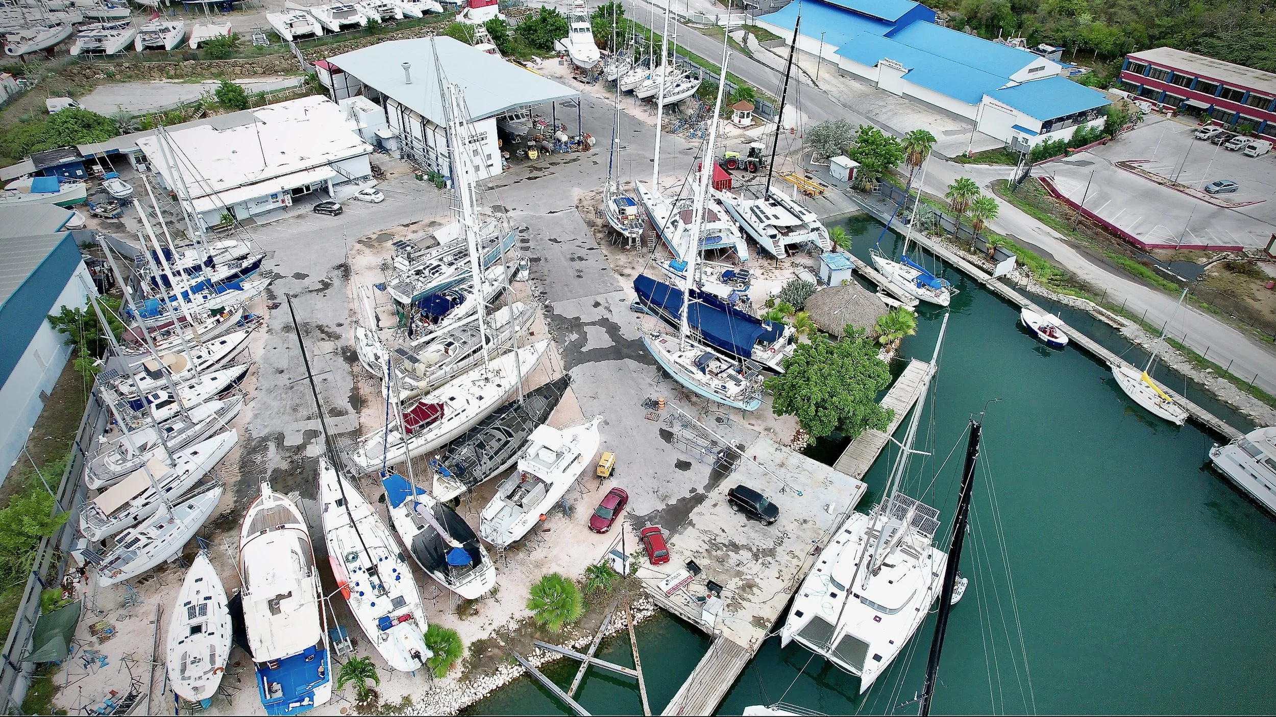 Ariel shot of Curacao boat yard showing boats - including S/V Mothership - on the dry dock.