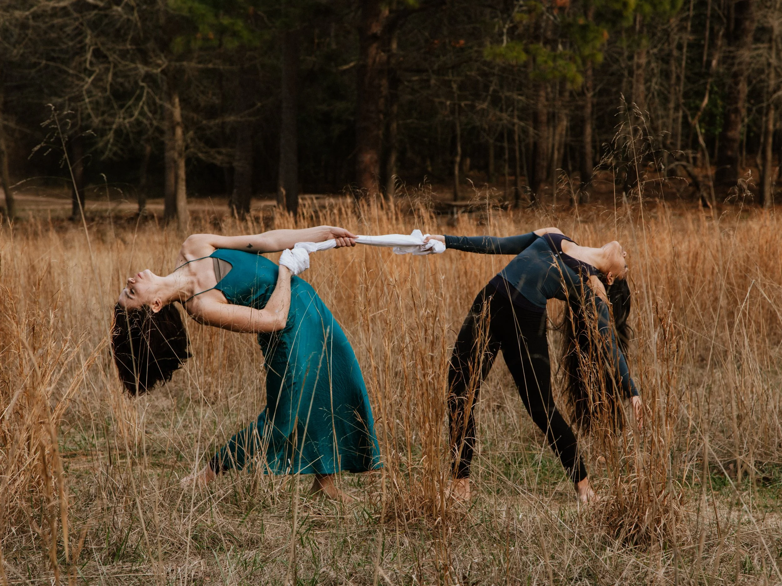 Two women in dance poses holding hands in a grassy field with tall brown grass and trees in the background.