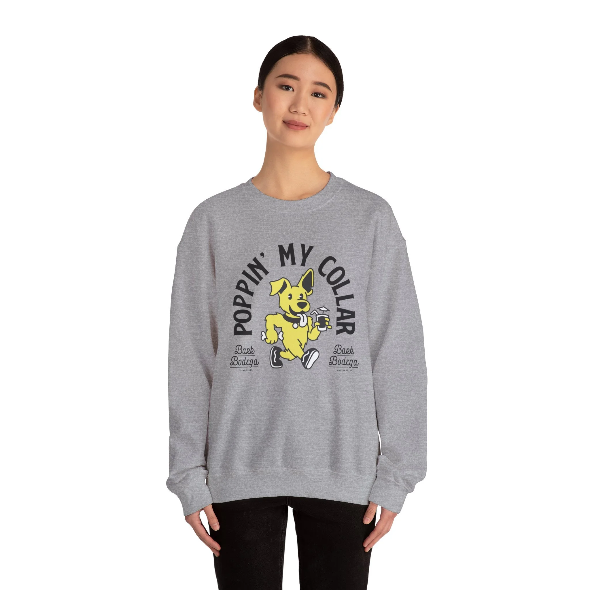 Heather gray dog lover crewneck with playful cartoon dog graphic and Poppin’ My Collar text