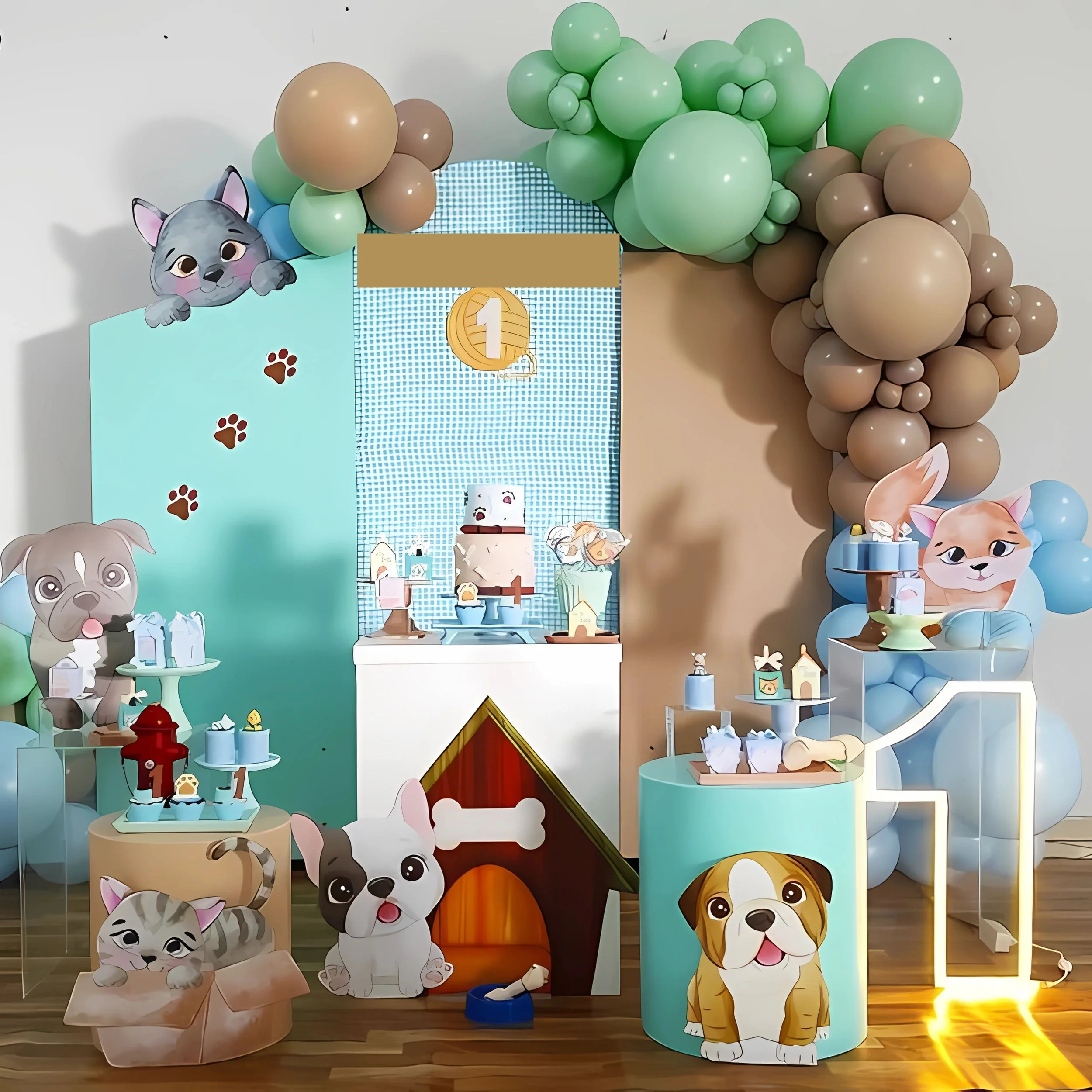 Decorative setup featuring cartoon dog, cat, and animal characters with balloons and cake, for a puppy or pet-themed celebration.