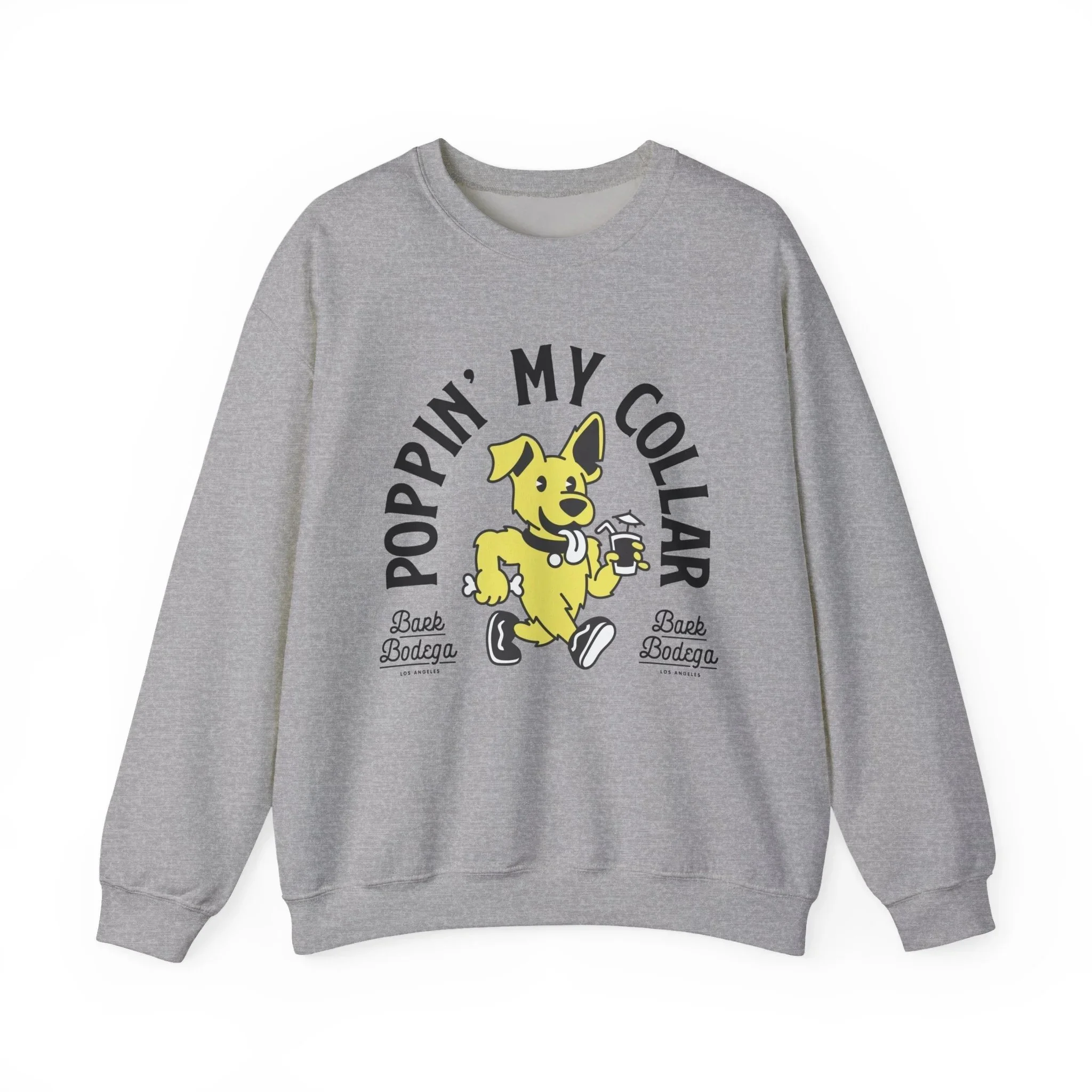 Grey sweatshirt with a cartoon dog holding a drink, with text 'Poppin' My Collars' and smaller text 'Bark Bodega Los Angeles'.