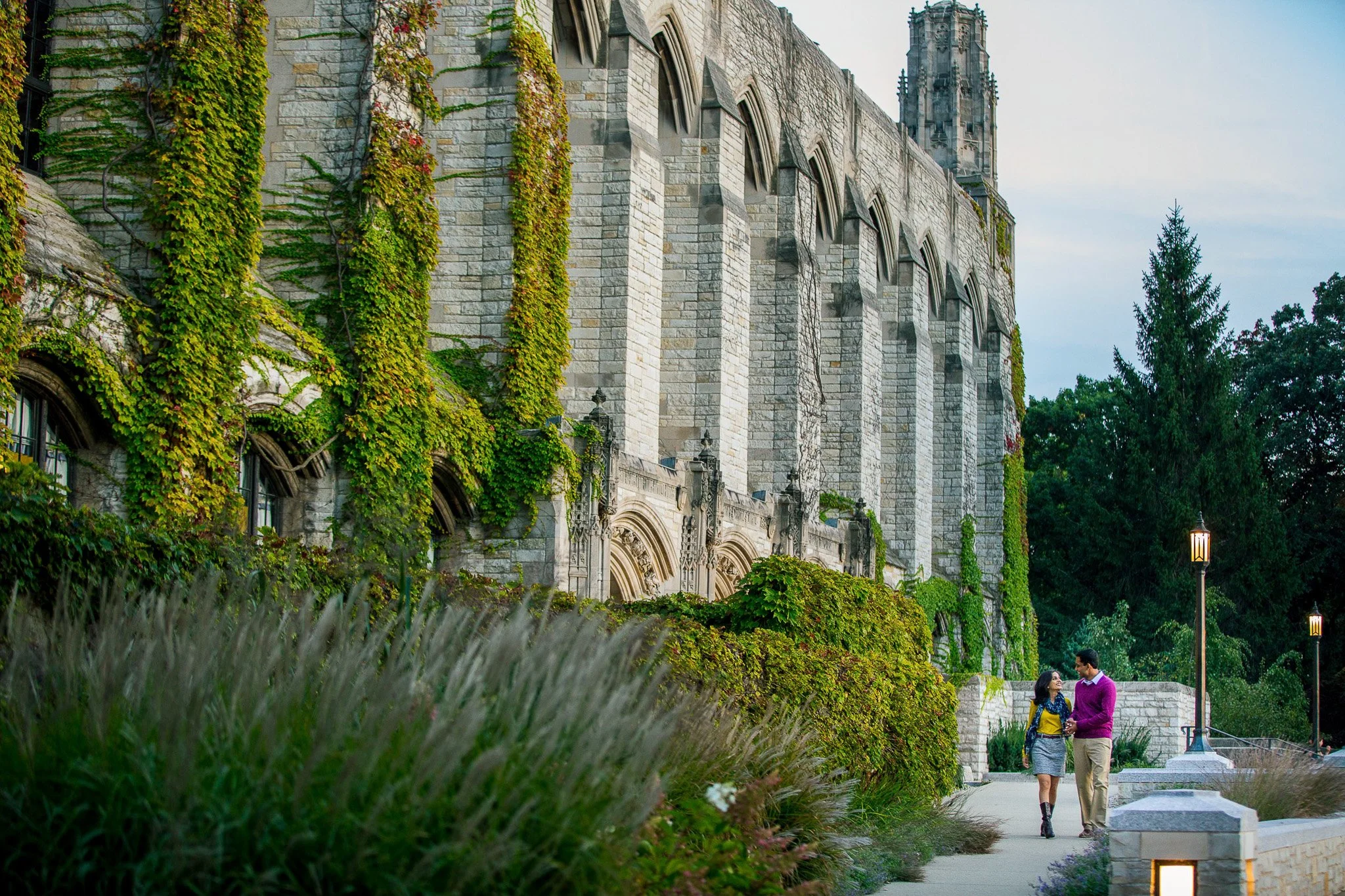 An engagement couple portrait session in Northwestern Evanston, set against the backdrop of the historical campus.