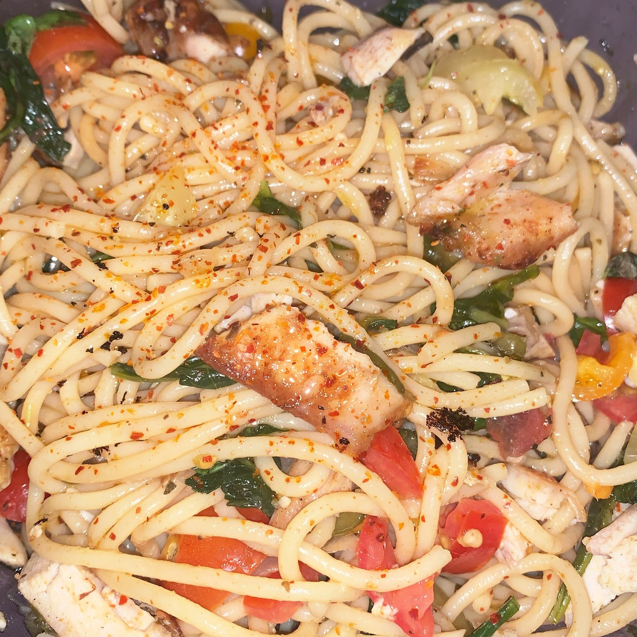 Chicken spaghetti and veggies in an Indian spiced roux