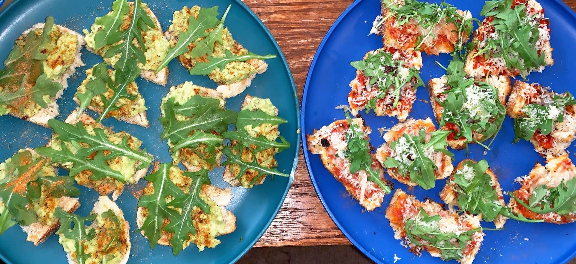 Spicy, lime avocado with blended dry red chilis, arrabiata and mozzarella, parm topped with Indian spices and arugula all on sourdough bread