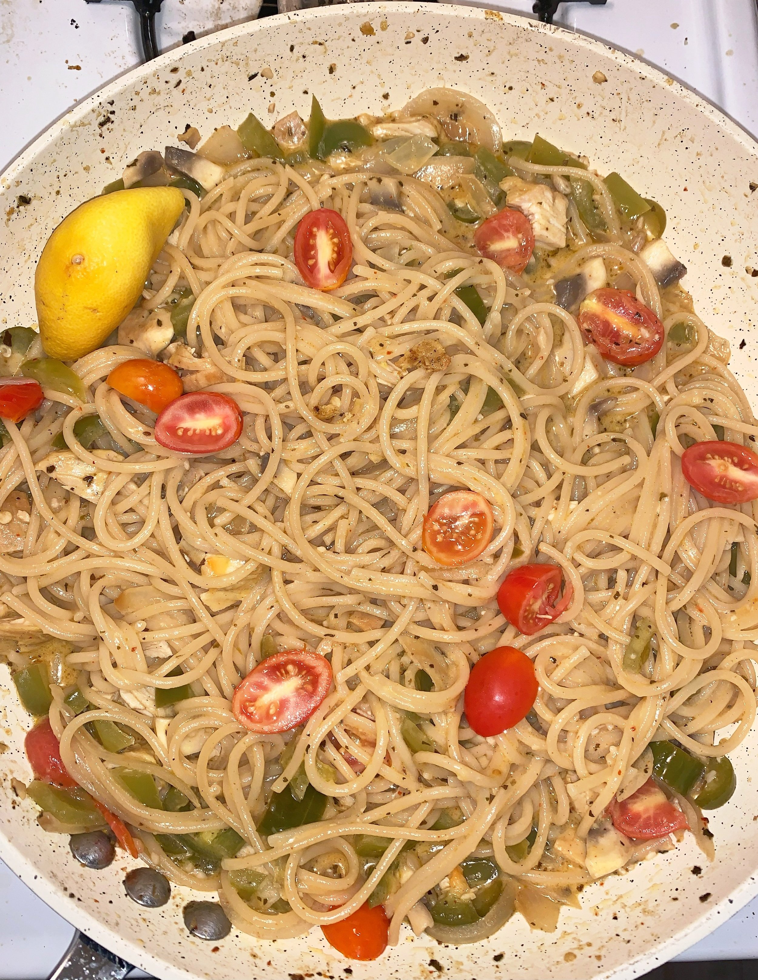 Indian/ Italian white wine scampi sauce with fresh cherry tomatoes