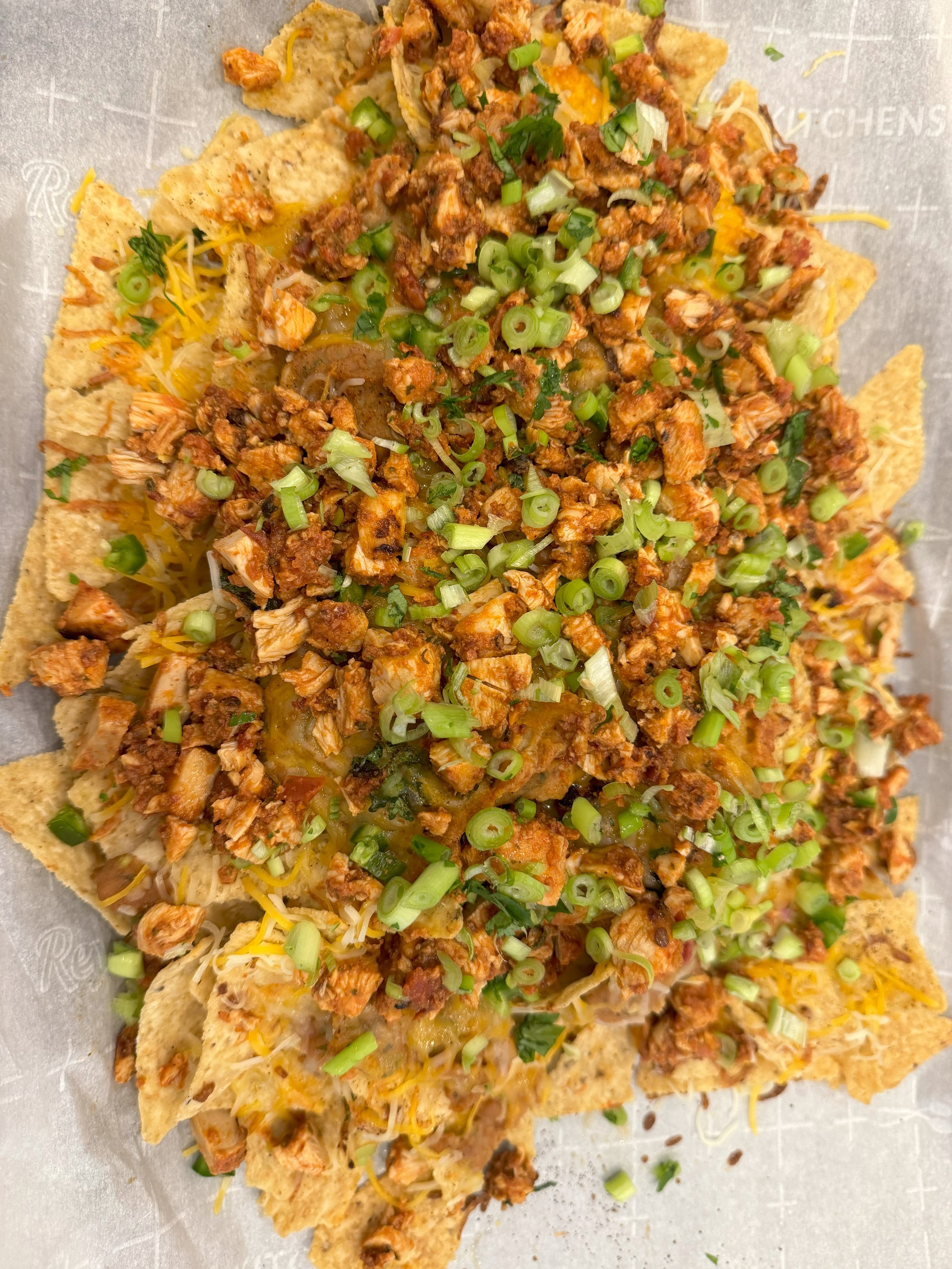Chipotle chicken marinated in chipotle sauce, adobo and canned tomato and chilies. Beans: garlic, onion, cheddar cheese, Monterey jack cheese