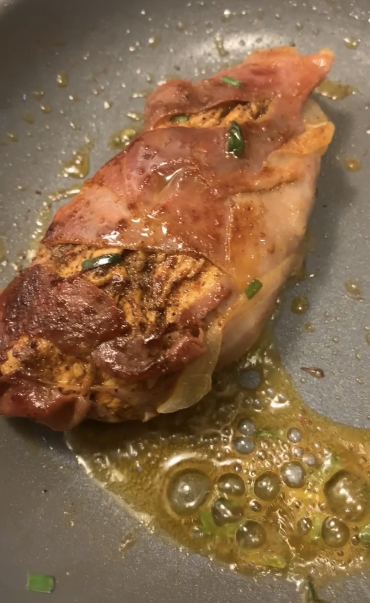 Lemon garlic butter marinated chicken wrapped in prosciutto