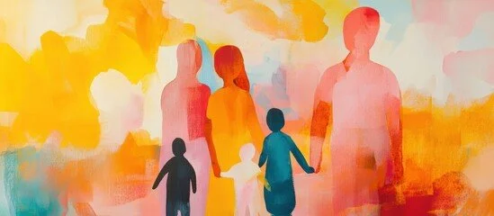 Silhouettes of a family holding hands against a colorful, abstract background.