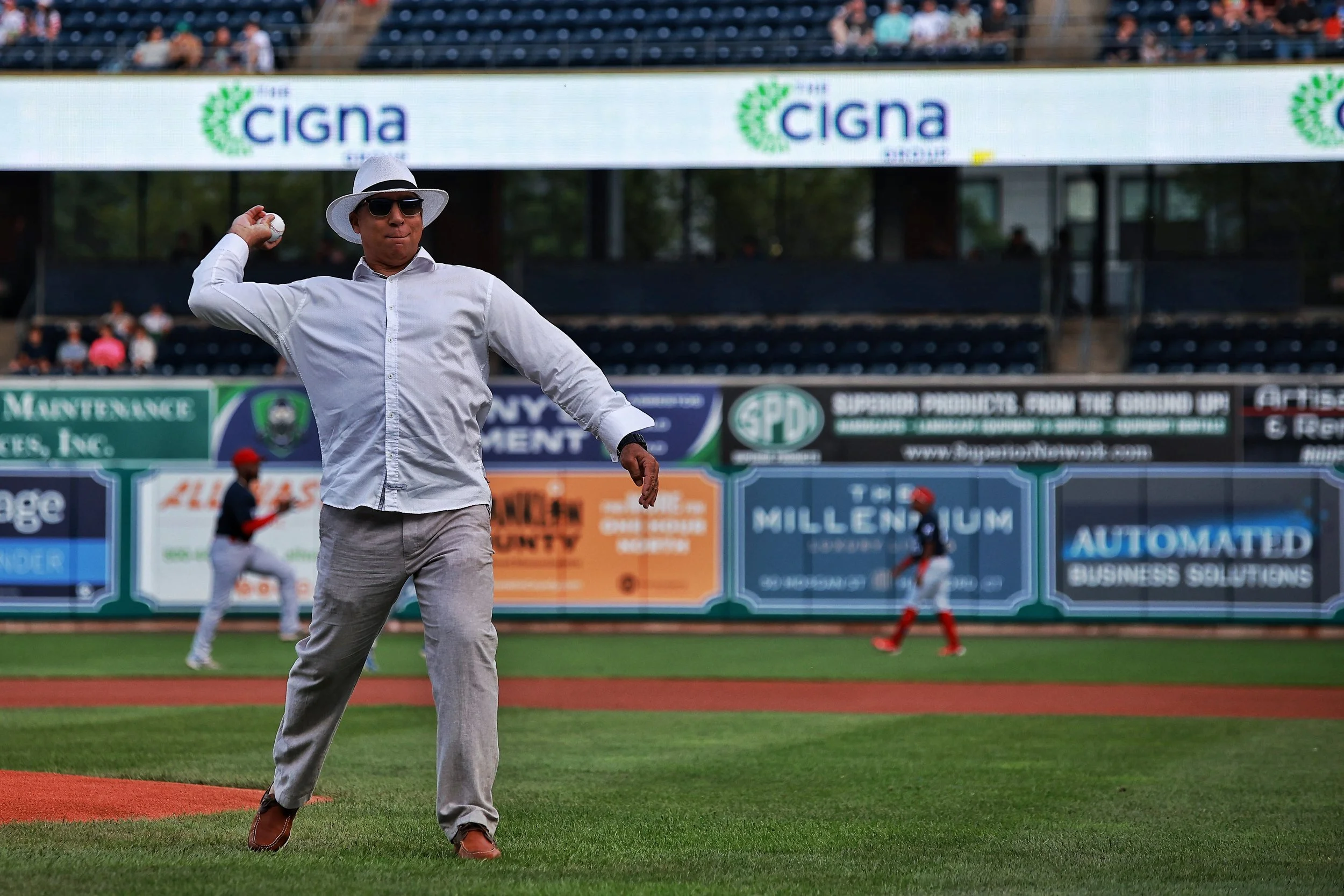 Karel García throws one of the ceremonial first pitches prior to Cuban Heritage Night.| Credit: Reynaldo Cruz Diaz