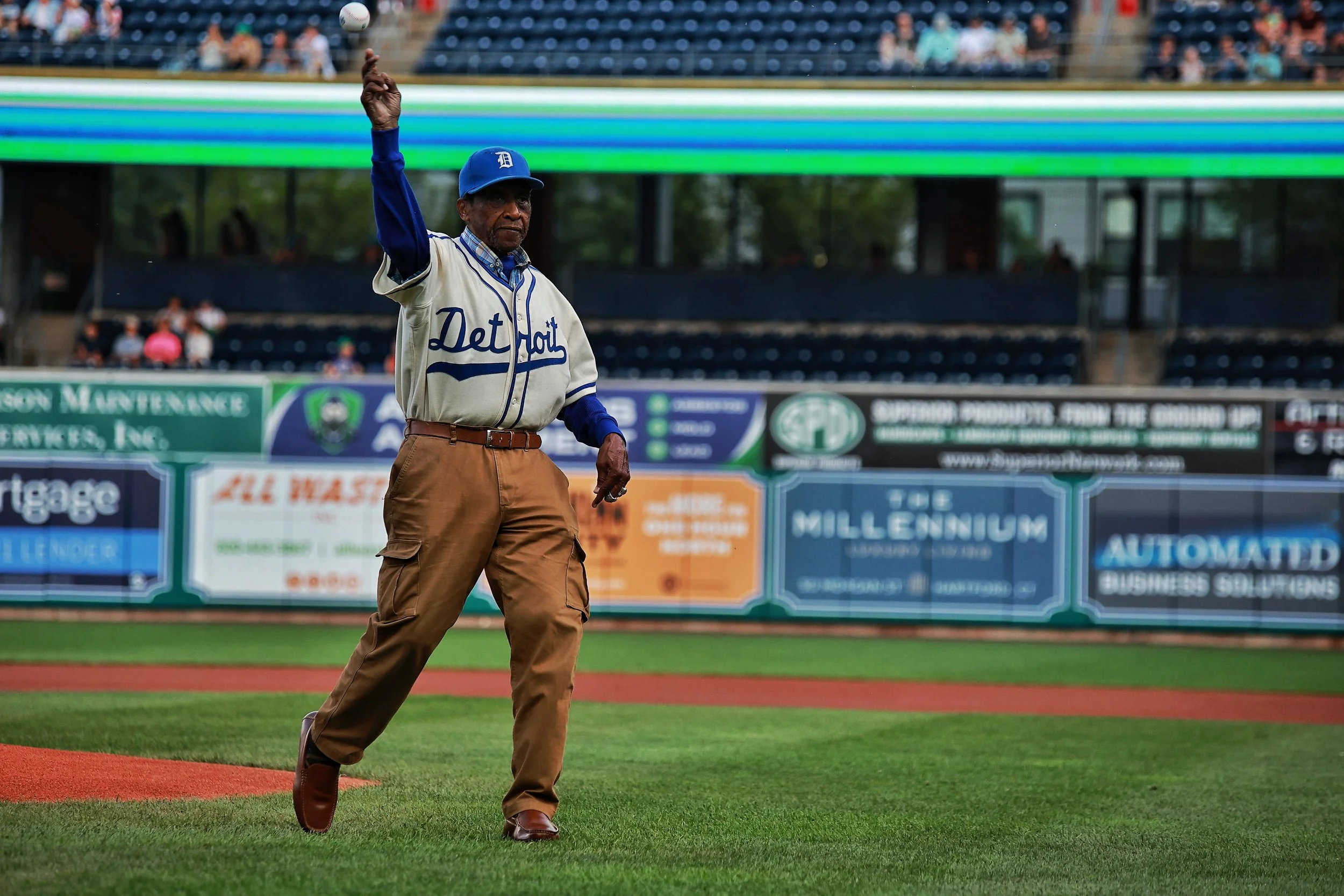 Pedro Sierra throws one of the ceremonial first pitches prior to Cuban Heritage Night.| Credit: Reynaldo Cruz Diaz