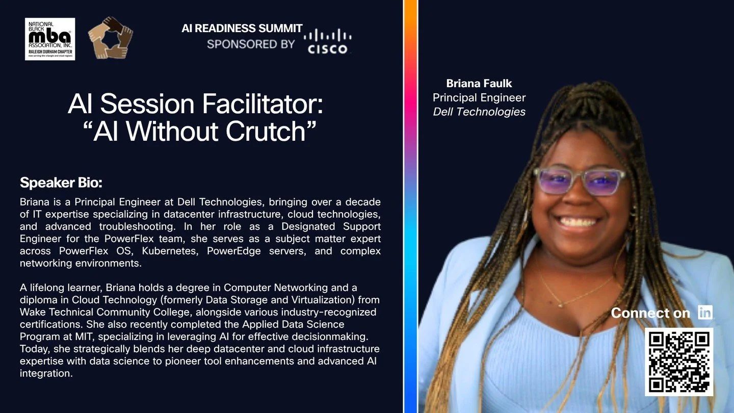 Thrilled to be speaking at the AI Readiness Summit on June 4, 2026 at Cisco RTP! My talk, &ldquo;AI without Crutch,&rdquo; focuses on real, practical AI that helps you work smarter and not have to replace your skills. Hands‑on demos, networking, and 