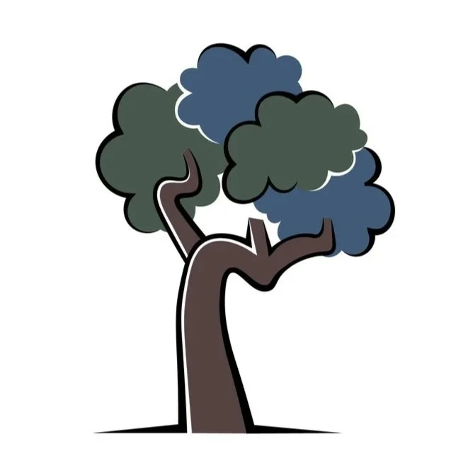 Cartoon drawing of a tree with a brown trunk and green and blue foliage, no background.