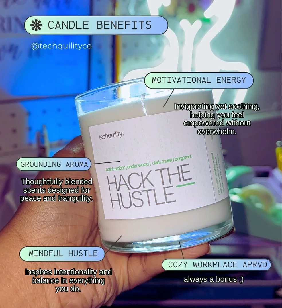 Hustling smarter, not harder.🕯️ 

Hack the Hustle combines amber, cedarwood, dark musk, and bergamot to help you:

✨ Stay focused + intentional.
✨ Balance ambition with mindfulness.
✨ Create a calm, productive workspace.

*Light this candle, set you
