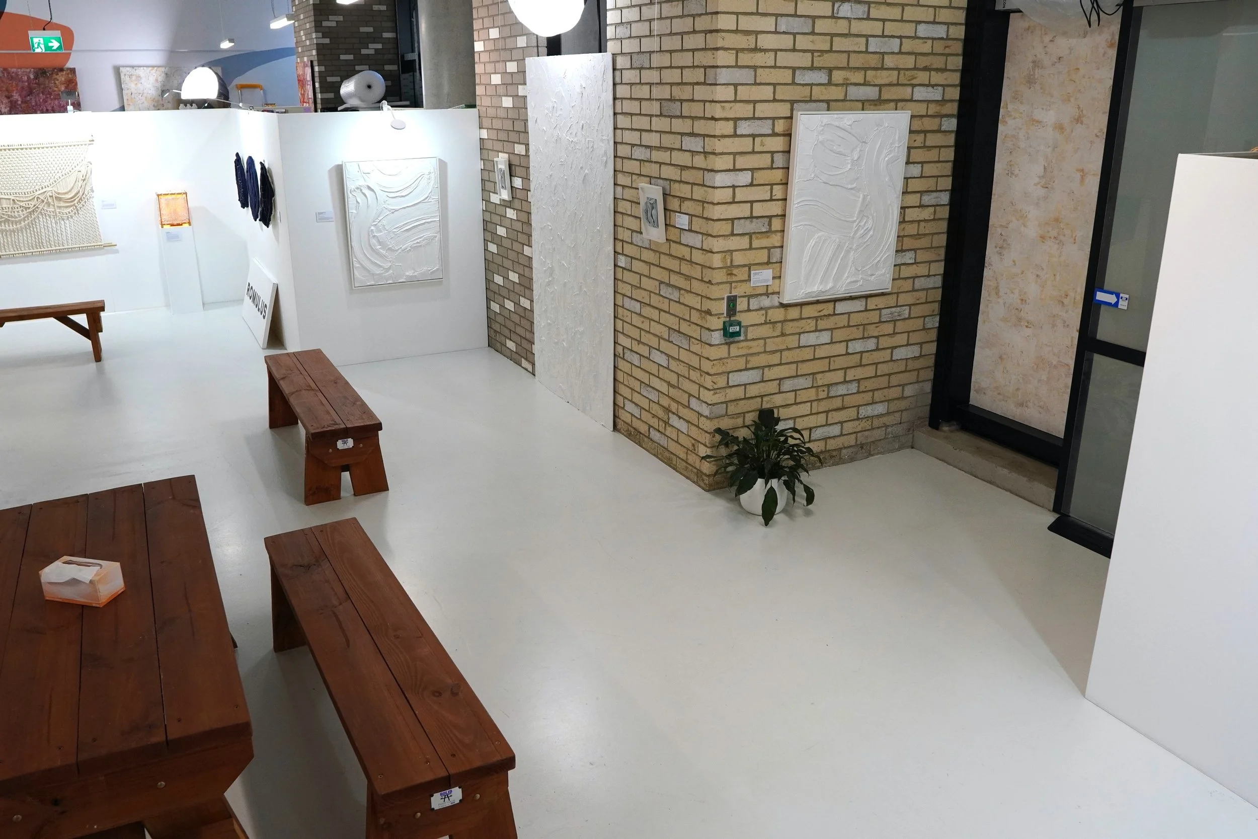 An art gallery interior with white walls displaying various artworks, wooden benches, a potted plant, and a brick wall near a glass door.