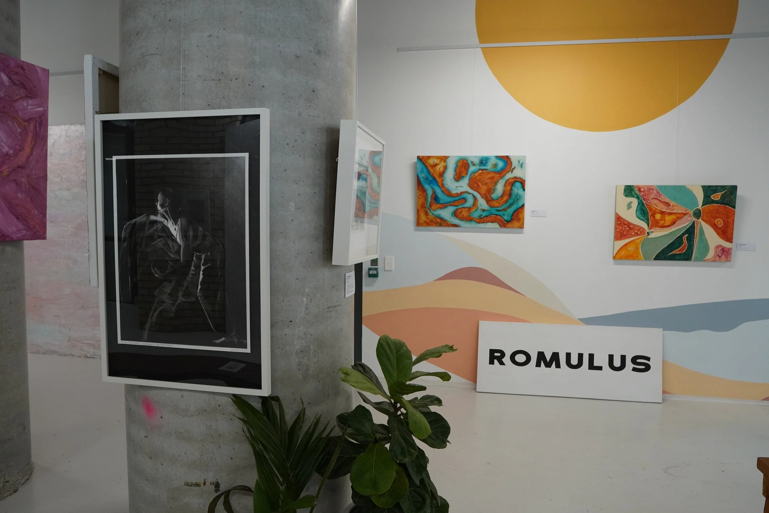 Art gallery wall with abstract paintings, a black and white portrait of a person, a sign that says 'ROMULUS', a plant, and colorful mural-like artwork on the wall.