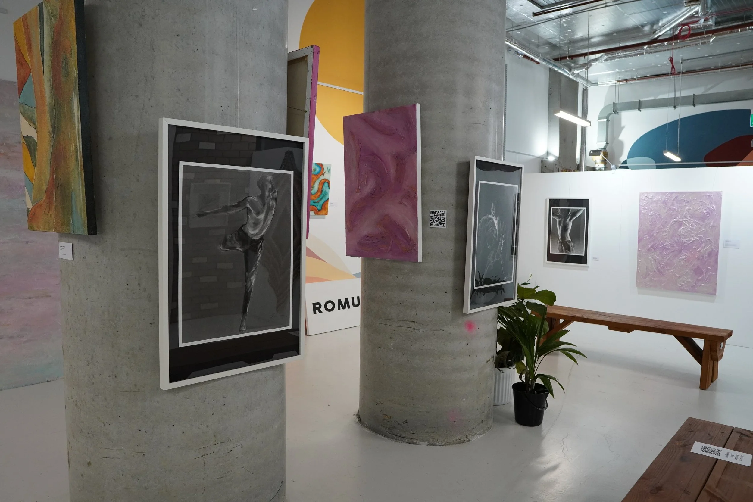 An art gallery with paintings displayed on concrete and white walls, some framed and some directly on the wall. There are colorful artworks, including abstract paintings and a black-and-white photo of a dancer. The space includes potted plants, a woo