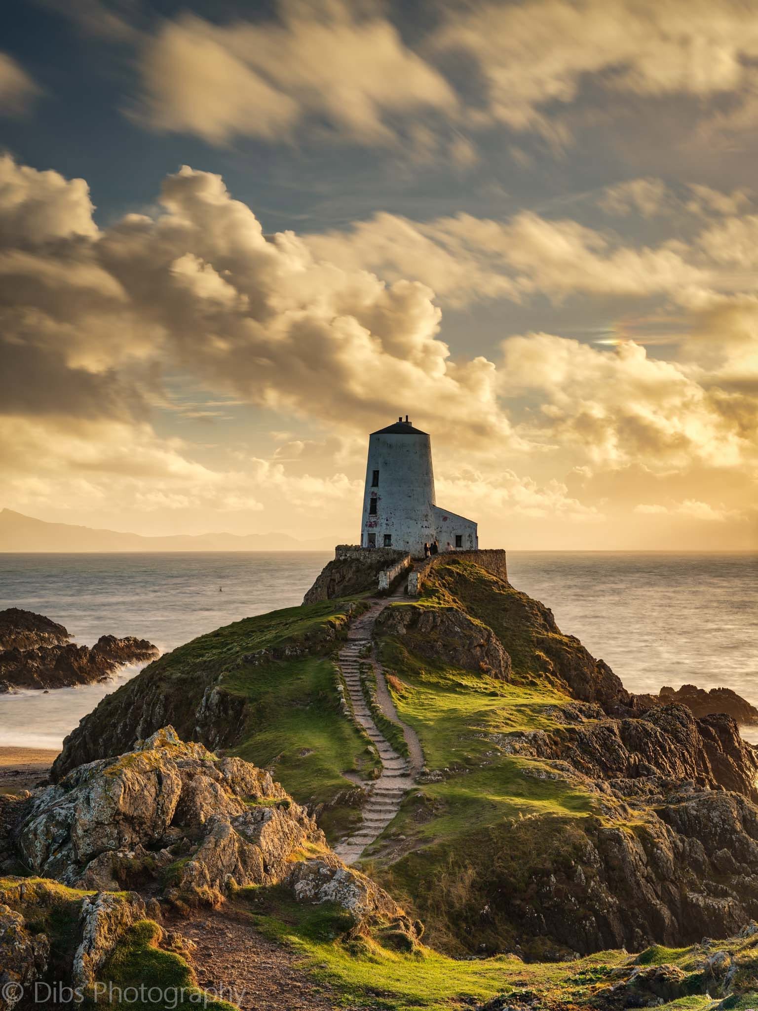 Tŵr Mawr lighthouse on Llanddwyn Island in golden light