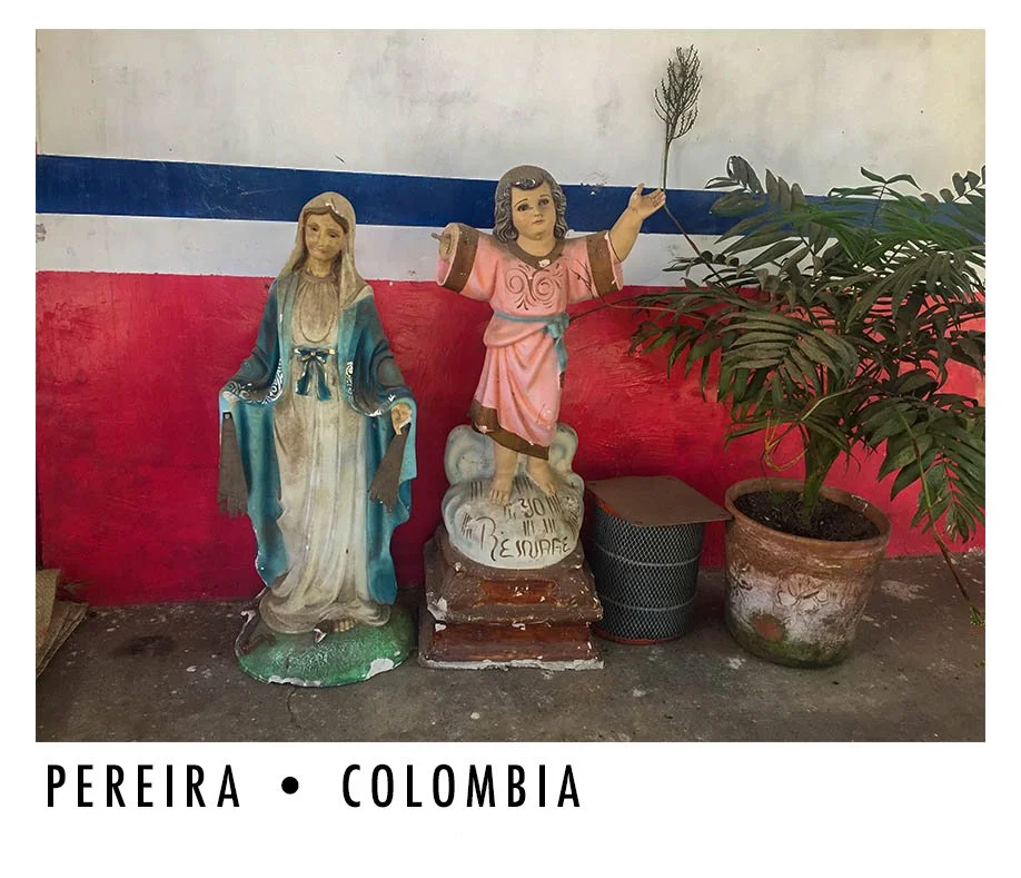Religious statues of Mary and Jesus with a potted plant and trash bin, against a wall painted with the Colombian flag colors, at Pereira, Colombia.