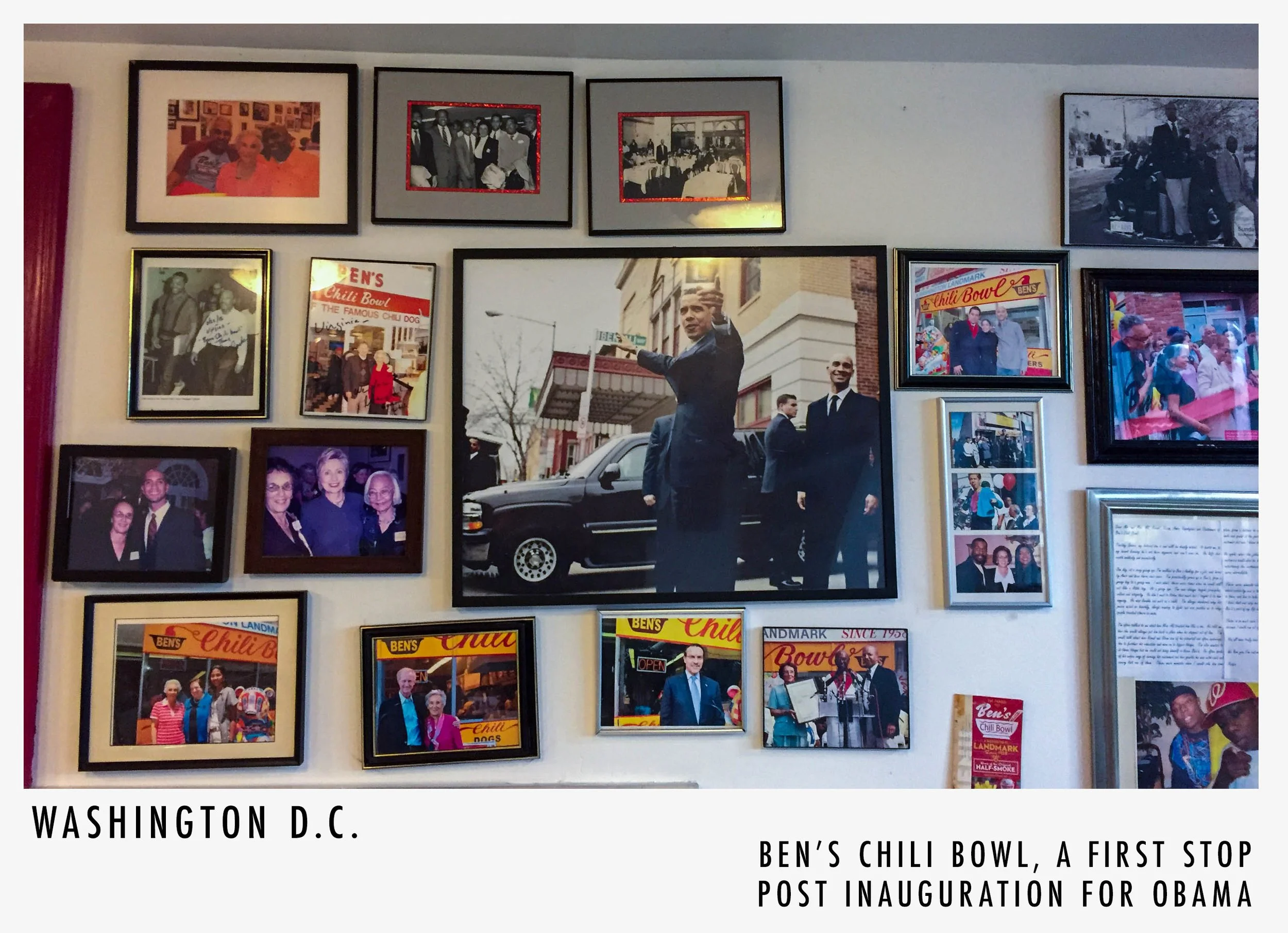 A wall decorated with various framed photographs of people at events, including a man in a suit riding a horse, and posters for Ben's Chili Bowl, a famous restaurant in Washington D.C., known for its post-inauguration celebrations for Barack Obama.