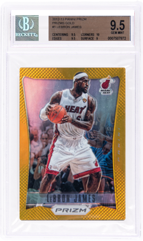 Basketball trading card of LeBron James in a Miami Heat uniform, encased in plastic. The card is graded 9.5 GEM MINT by Beckett, with measurements and details listed at the top.