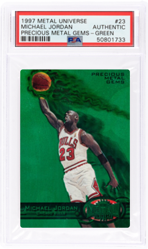 1997 Michael Jordan Precious Metal Gems Green basketball trading card in a clear plastic case with PSA grading label.