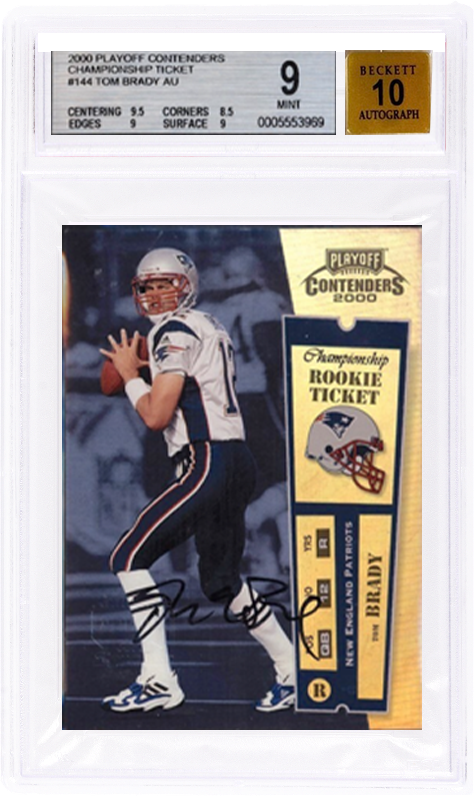 A football trading card featuring Tom Brady in a Patriots jersey, holding a football, captioned "Playoff Contenders 2000," with a rookie ticket label and Brady's autograph.