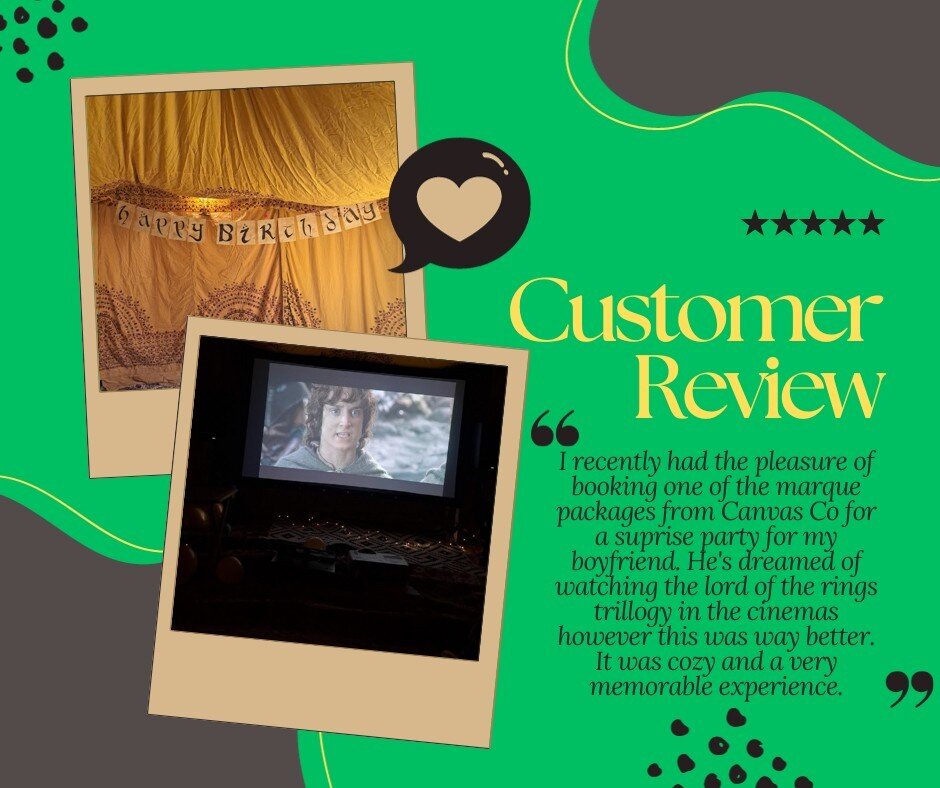 An amazing review from our last customer Melissa who ordered a 6 x 3 luxury marquee cinema tent for a Lord of the Rings marathon!
--

#familytime #gardenparty #cinemahire #glamping #outdoormovienight #kids
#movienight #backyardfun #luxurytent #lordof
