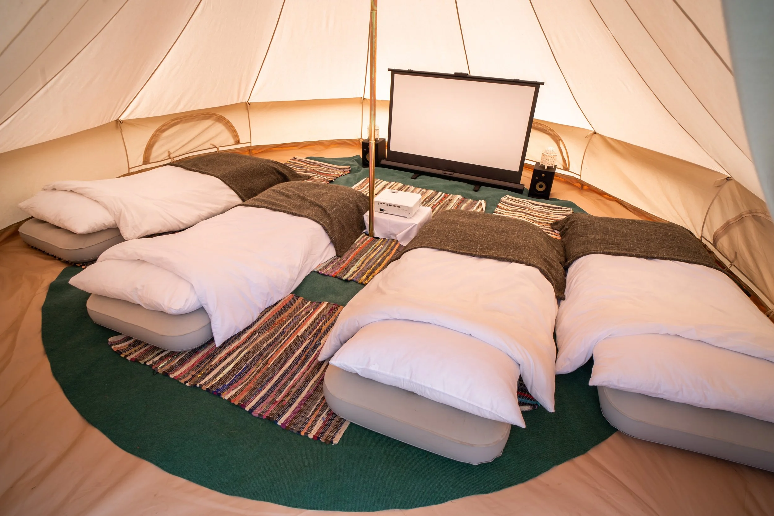5m Canvas bell tent with airbeds setup