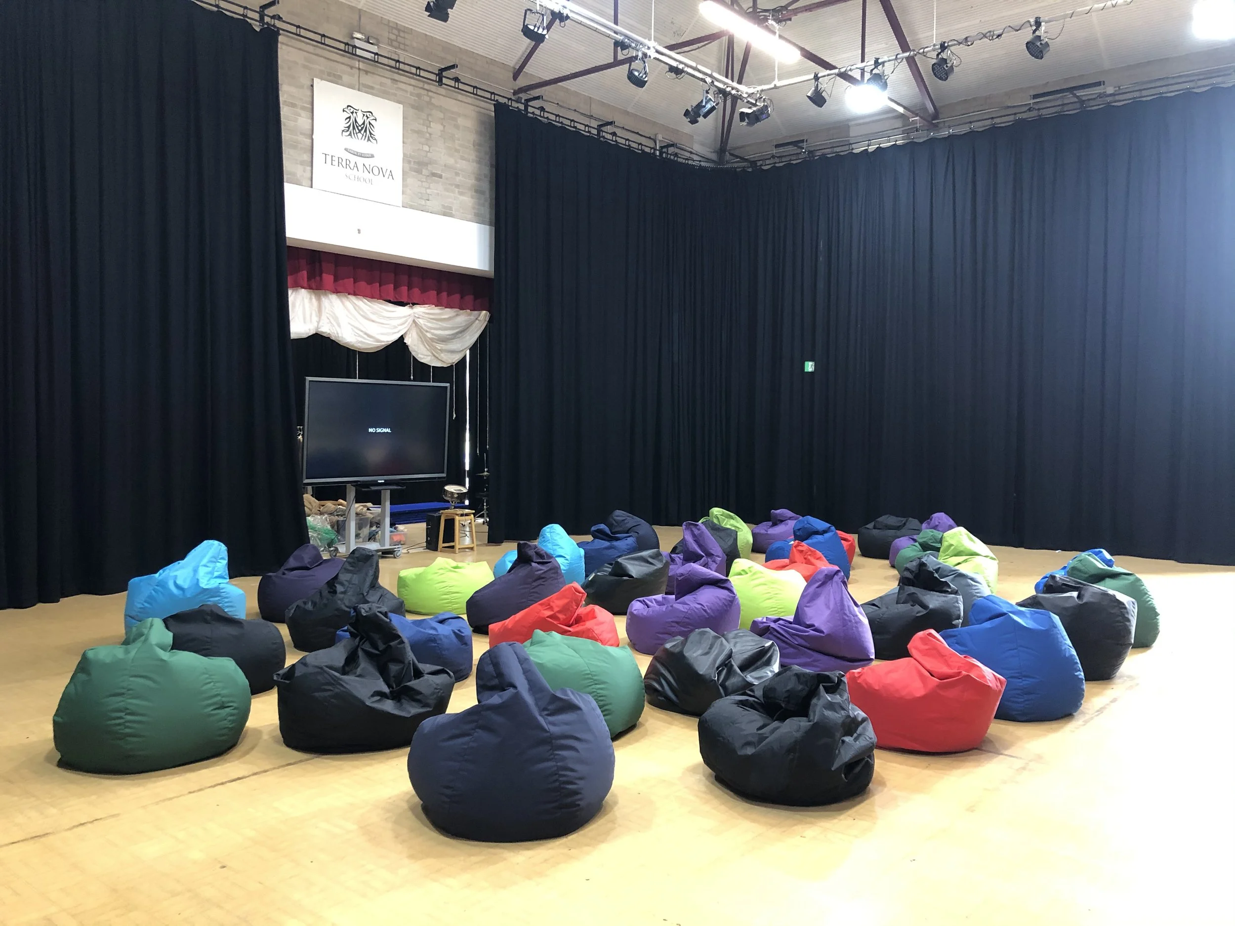 A room with black curtains, a television screen displaying 'No Signal,' and a group of colorful bean bags arranged on a wooden floor, with a sign above the stage reading 'Terra Nova School.'