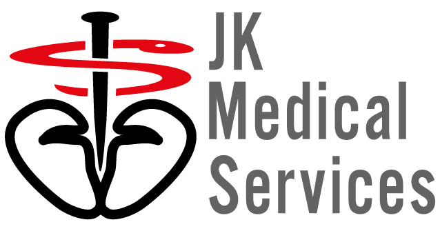 Logo von JK Medical Services mit einem roten stilisierten Symbol und schwarzen Schriftzug.